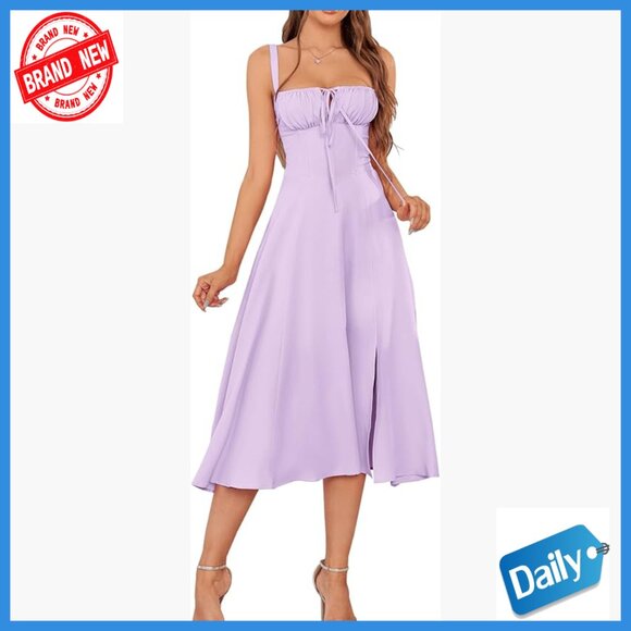 Floral Midi Corset Dress Wedding Guest A-Line Slit Lace Up Sundress